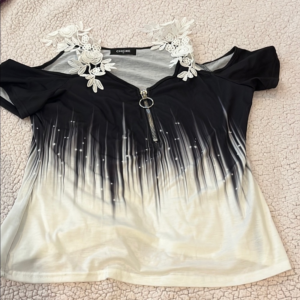 ChicMe Black and White cold shoulder Embellished Blouse